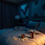 Flick International A dimly lit hotel room with luxurious yet disheveled decor showcasing plush velvet curtains, rumpled sheets, and scattered designer accessories.