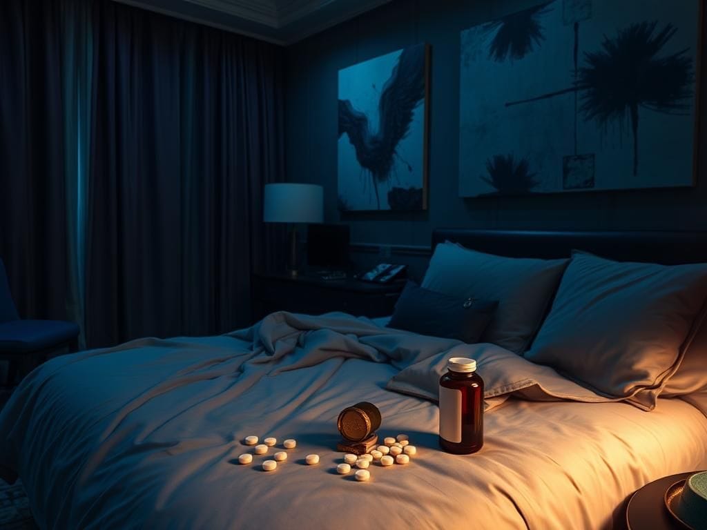 Flick International A dimly lit hotel room with luxurious yet disheveled decor showcasing plush velvet curtains, rumpled sheets, and scattered designer accessories.