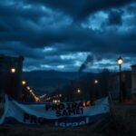 Flick International Somber urban landscape in Boulder, Colorado, showing a damaged pro-Israel demonstration banner
