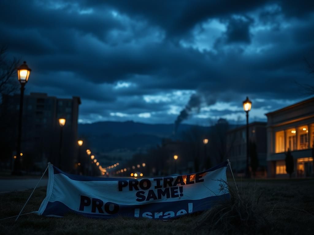 Flick International Somber urban landscape in Boulder, Colorado, showing a damaged pro-Israel demonstration banner