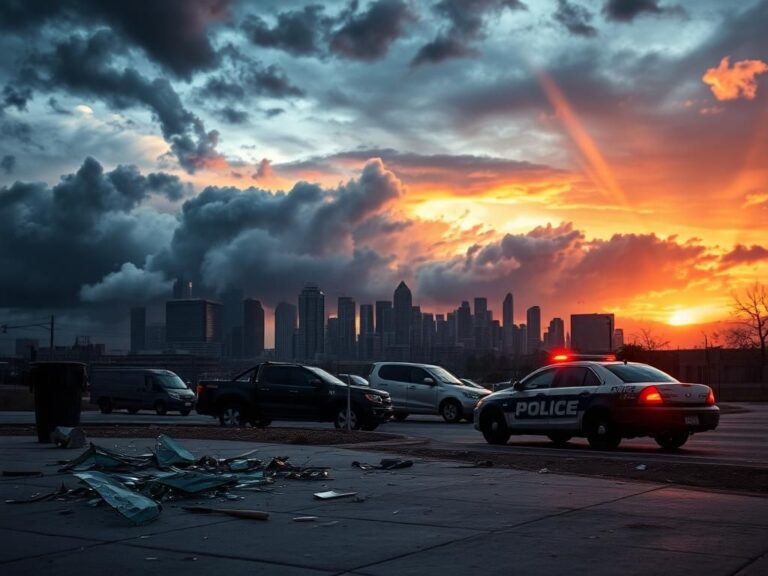 Flick International Dramatic sunset over Los Angeles with storm clouds, broken glass on the sidewalk from protests