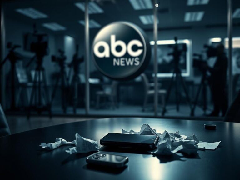 Flick International A dramatic newsroom scene with the ABC News logo and scattered papers on a desk.