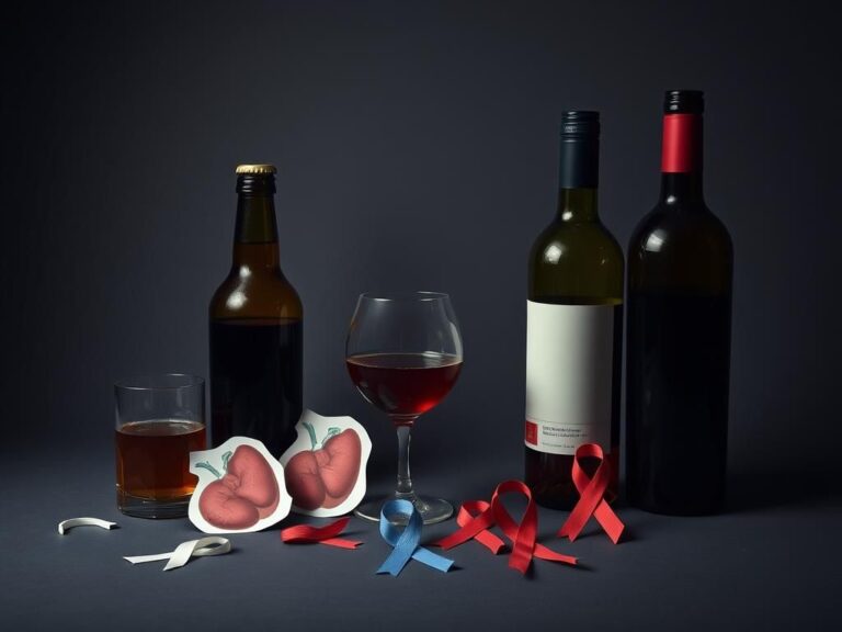 Flick International Still life composition of various alcoholic beverages including dark beer, whiskey, and wine against a dark background, illustrating health risks.