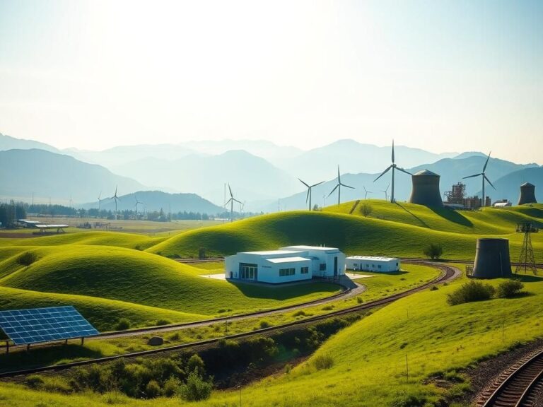 Flick International A conceptual landscape showcasing a former coal town transitioning to a clean energy future with small modular reactors and renewable energy sources.