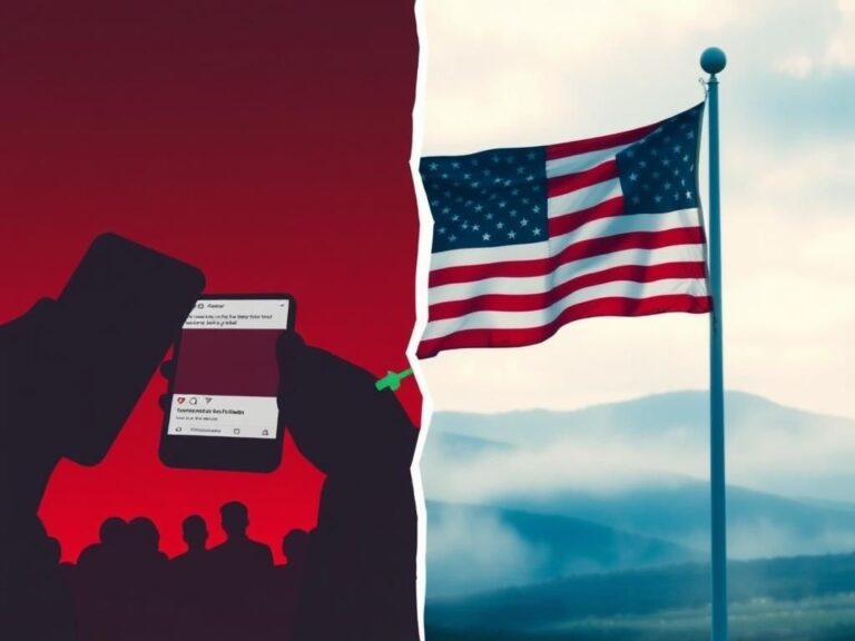 Flick International A split-screen depiction contrasting social media tension with a peaceful landscape