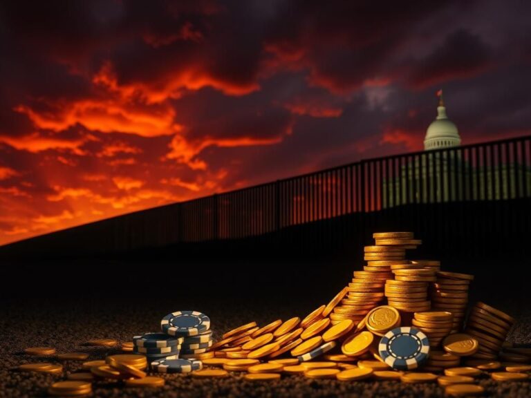 Flick International Silhouette of a border wall under dramatic clouds with gold coins and poker chips in the foreground