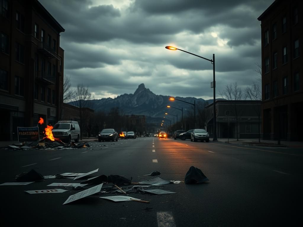 Flick International A deserted Boulder street showing remnants of a peaceful rally and signs of chaos