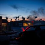 Flick International Charred car amidst urban chaos in Los Angeles