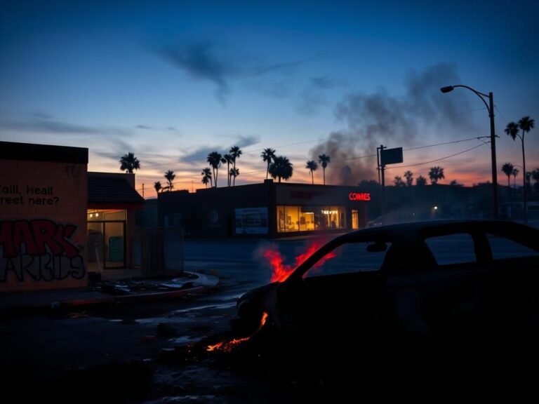 Flick International Charred car amidst urban chaos in Los Angeles