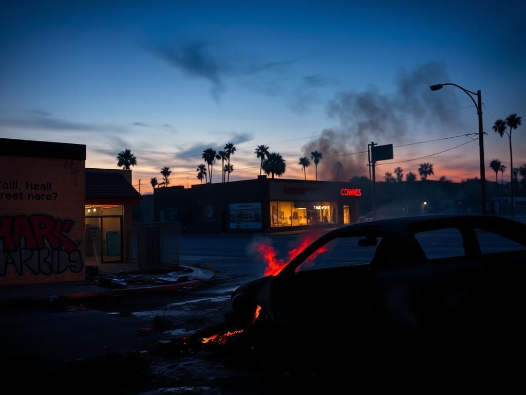 Flick International Charred car amidst urban chaos in Los Angeles