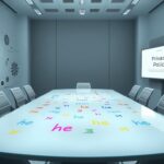 Flick International Conceptual image of a modern conference room with colorful pronoun symbols on an opaque glass table