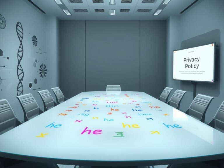 Flick International Conceptual image of a modern conference room with colorful pronoun symbols on an opaque glass table