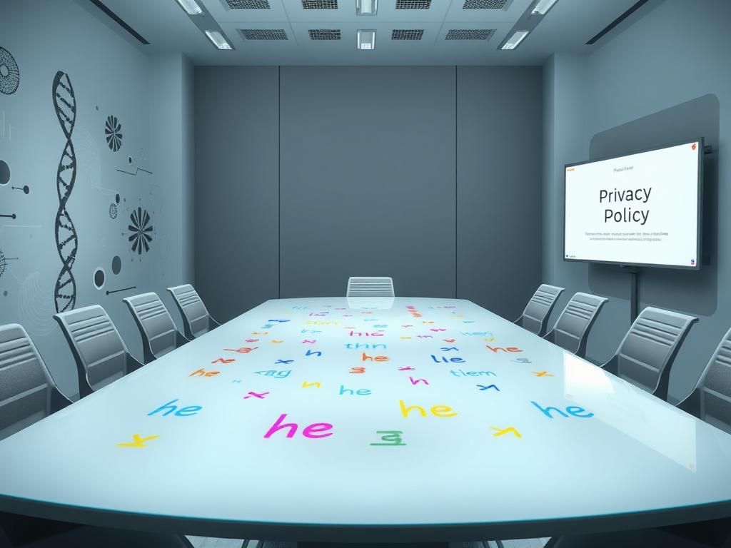 Flick International Conceptual image of a modern conference room with colorful pronoun symbols on an opaque glass table