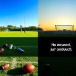 Flick International A contrasting split image of first-team and second-team practices on a football field during minicamp