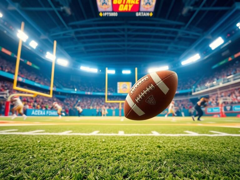 Flick International Dynamic arena football action with players throwing a football