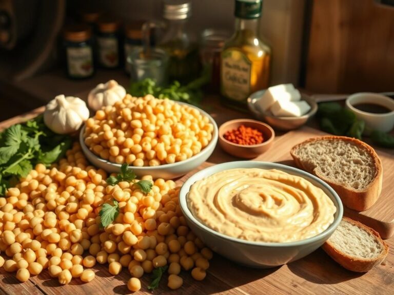 Flick International A rustic kitchen counter showcasing fresh chickpeas and hummus