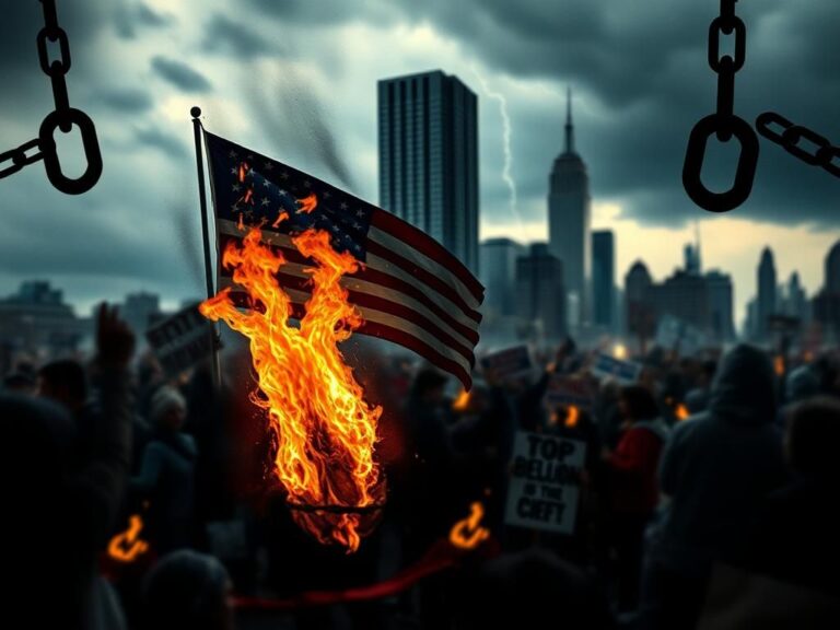 Flick International Chaotic urban landscape with a burning American flag symbolizing political turmoil