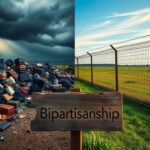 Flick International A divided landscape illustrating the chaos of immigration with one side showing a chaotic border scene and the other side depicting a secure border.