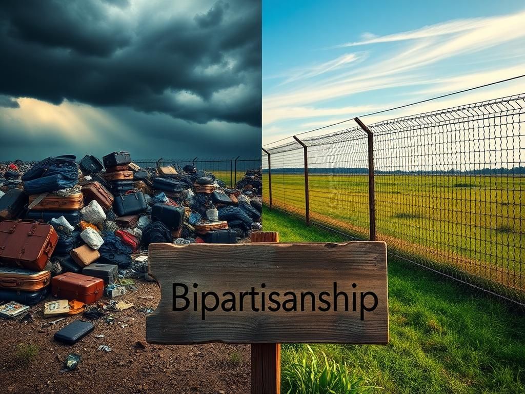 Flick International A divided landscape illustrating the chaos of immigration with one side showing a chaotic border scene and the other side depicting a secure border.