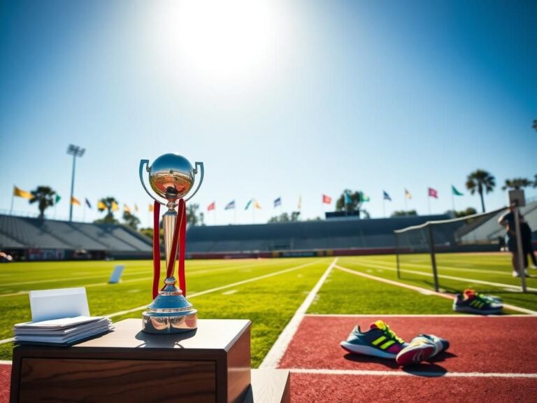 Flick International A vibrant high school track and field scene with trophies and medals on a podium under a sunny California sky