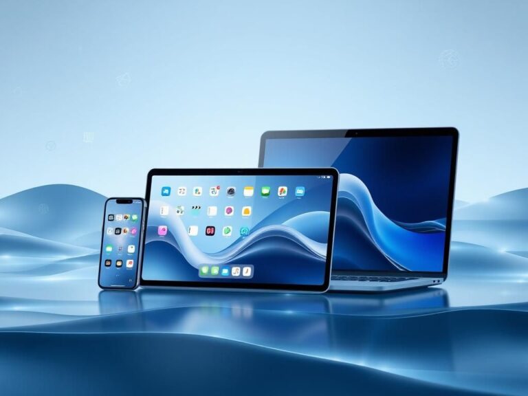 Flick International A futuristic digital landscape featuring Apple's Liquid Glass design with sleek devices.