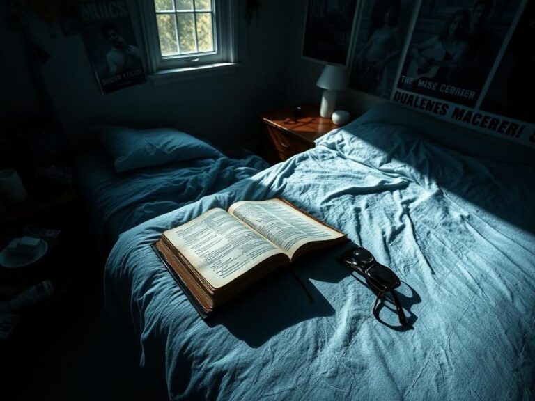 Flick International dimly lit room with an unmade bed and an open Bible, capturing a moment of conflict and introspection