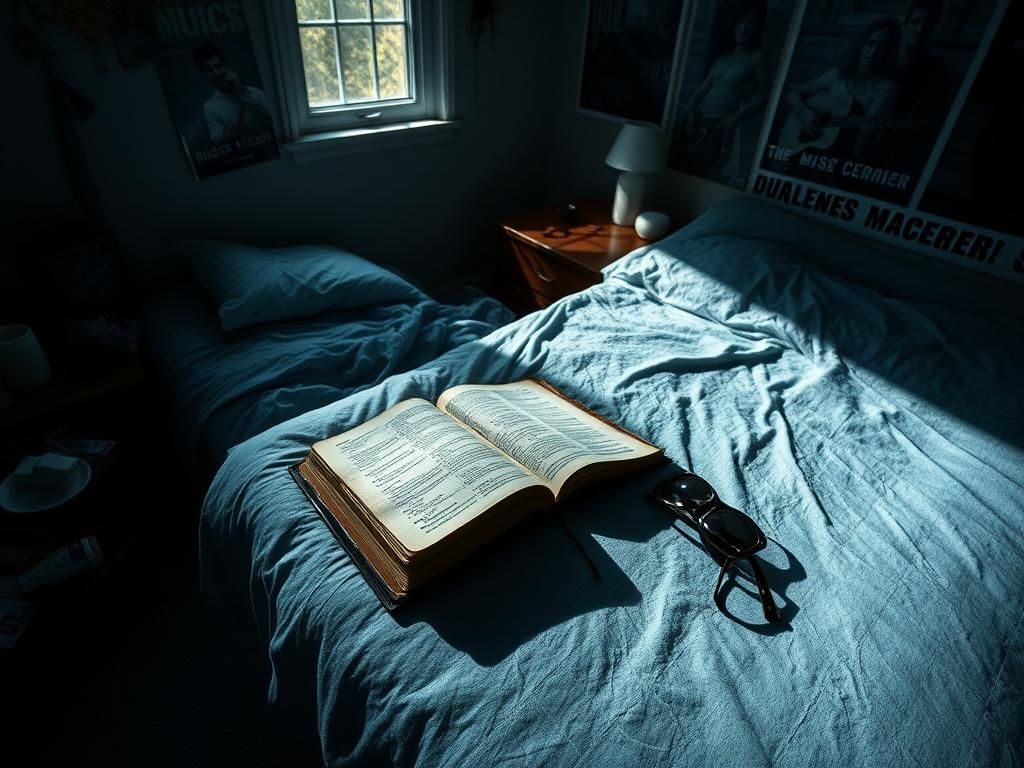 Flick International dimly lit room with an unmade bed and an open Bible, capturing a moment of conflict and introspection