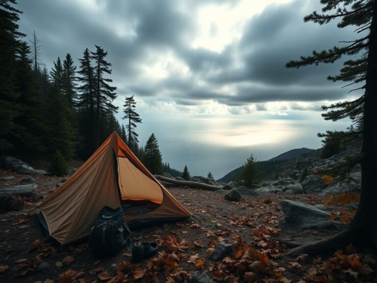 Flick International Remote wilderness campsite on Isle Royale with a collapsed tent and camping gear