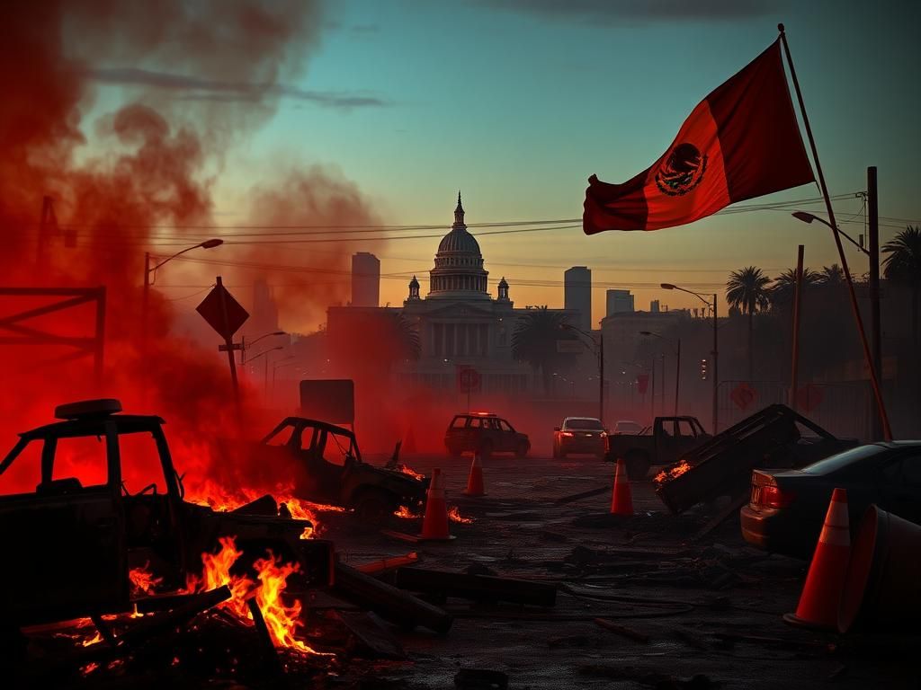 Flick International Chaos in Los Angeles with burnt-out vehicles and debris from recent riots