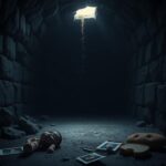 Flick International A haunting underground tunnel representing captivity with scattered belongings symbolizing lost innocence.