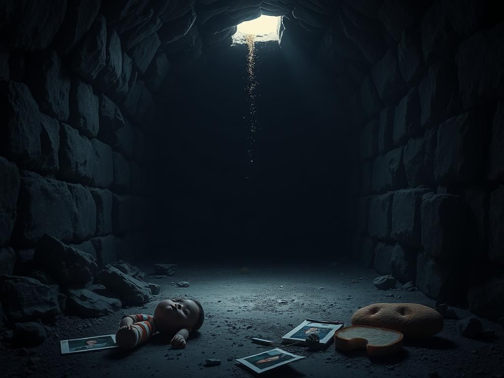 Flick International A haunting underground tunnel representing captivity with scattered belongings symbolizing lost innocence.