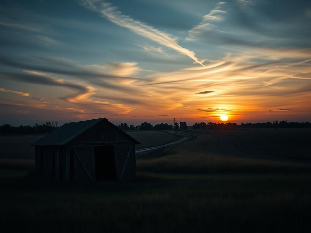 Flick International A somber rural landscape at dusk with a weathered barn and a winding dirt track.