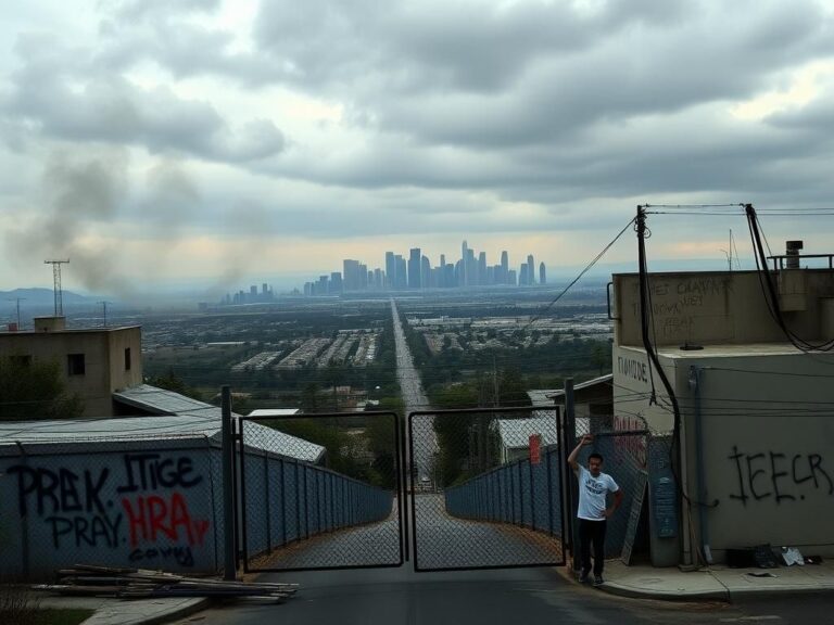 Flick International Aerial view of Los Angeles during anti-ICE protests with smoke and graffiti