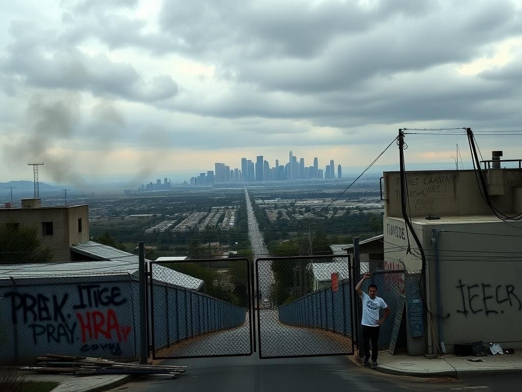 Flick International Aerial view of Los Angeles during anti-ICE protests with smoke and graffiti