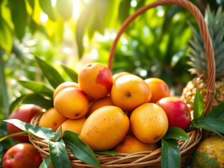 Flick International A vibrant scene featuring a basket of ripe mangoes surrounded by tropical fruits and lush greenery.
