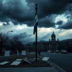 Flick International Desolate street scene in Boulder, Colorado, with storm clouds and a charred flagpole featuring a tattered Israeli flag