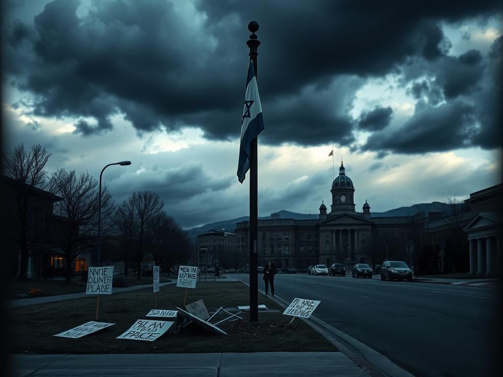 Flick International Desolate street scene in Boulder, Colorado, with storm clouds and a charred flagpole featuring a tattered Israeli flag