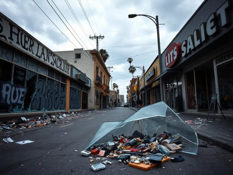 Flick International A street scene in Los Angeles showcasing shattered storefront windows and scattered debris after anti-ICE riots
