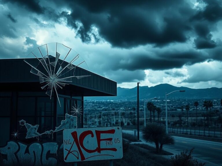 Flick International Broken police station window in California with ICE sign and graffiti