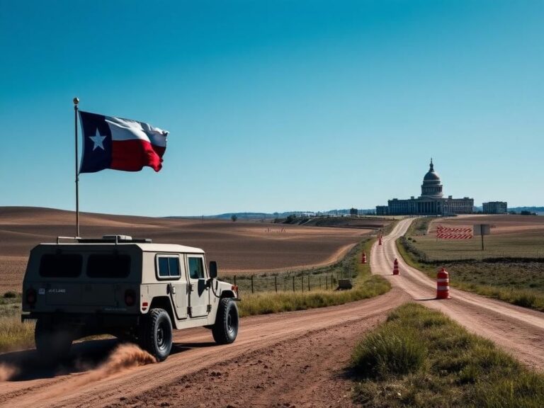 Flick International Texas landscape with a National Guard Humvee parked on a rural road under a clear blue sky