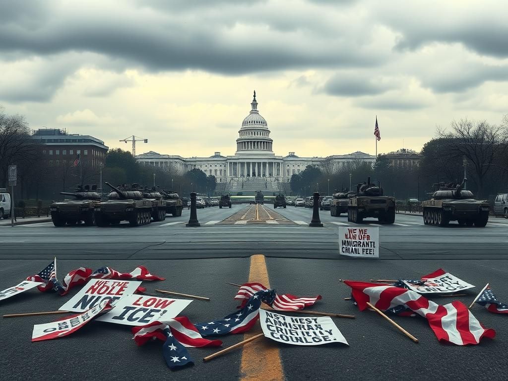 Flick International A vast and tense scene in downtown Washington, D.C. before Trump's military parade, featuring military vehicles and protest signs.