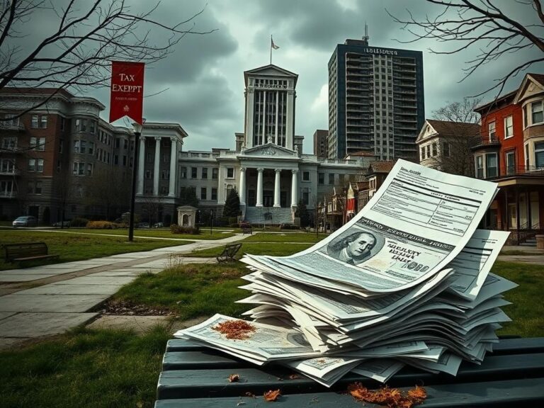 Flick International Grand university building with a 'Tax-Exempt' sign contrasted by decaying public infrastructure and unopened student loan bills on a park bench.