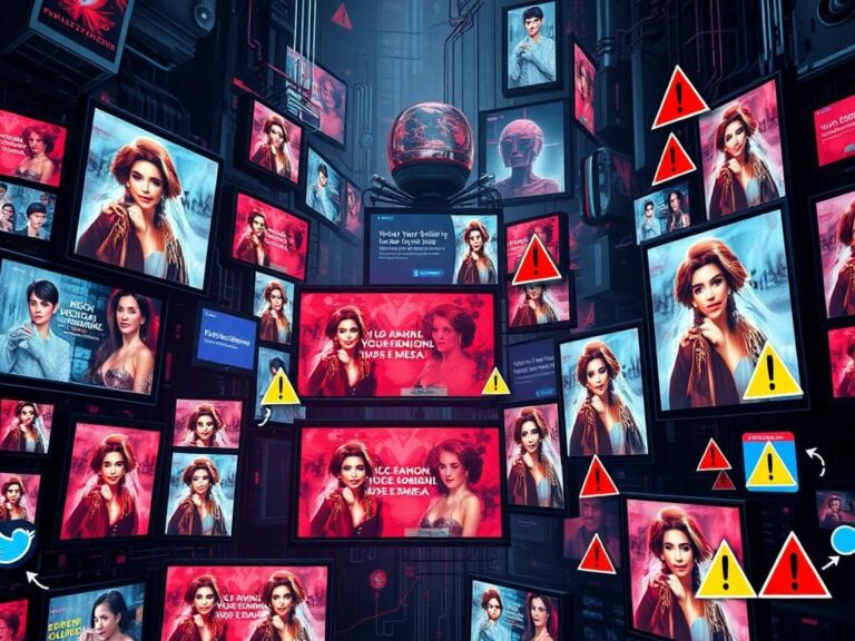 Flick International Digital collage depicting chaotic high-tech environment of online scams with fake celebrity endorsements