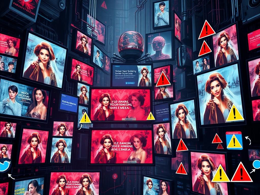 Flick International Digital collage depicting chaotic high-tech environment of online scams with fake celebrity endorsements