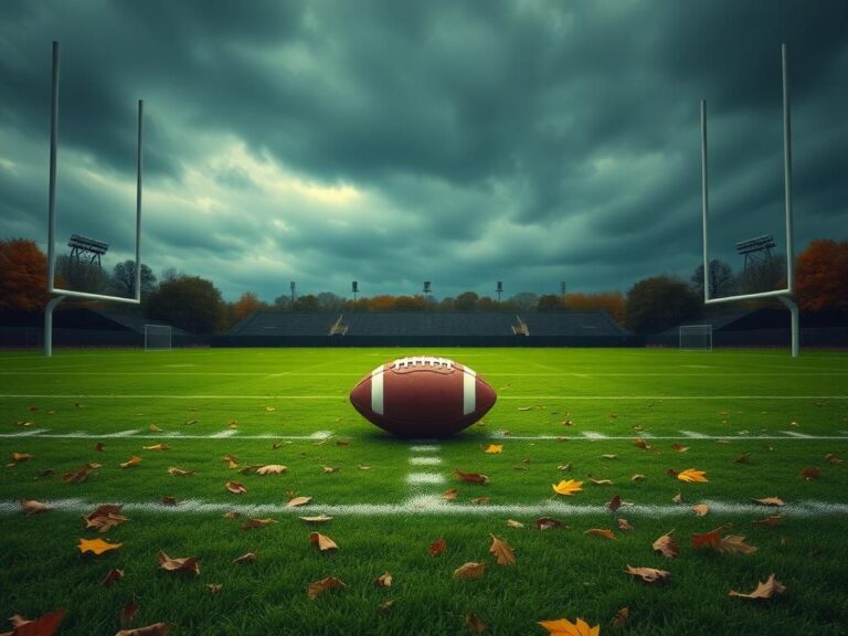 Flick International A dramatic autumn football field scene with an empty gridiron under a cloudy sky and goalposts in the foreground