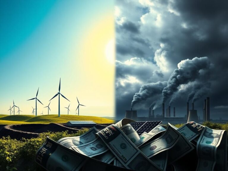 Flick International Dramatic contrast between renewable energy sources and fossil fuel plants in a divided landscape.
