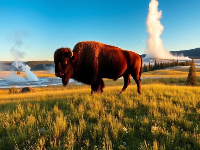 Flick International Bison standing majestically in Yellowstone National Park with Old Faithful erupting in the background