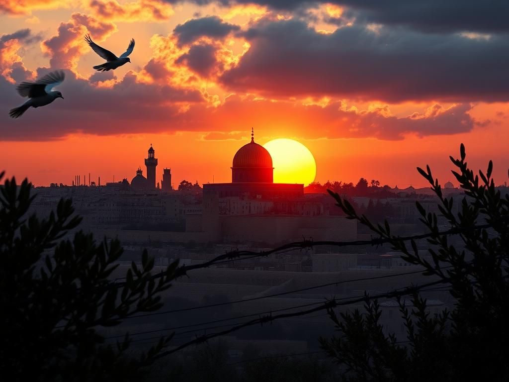 Flick International Dramatic skyline of Jerusalem at sunset with the Dome of the Rock and U.S. Embassy silhouette