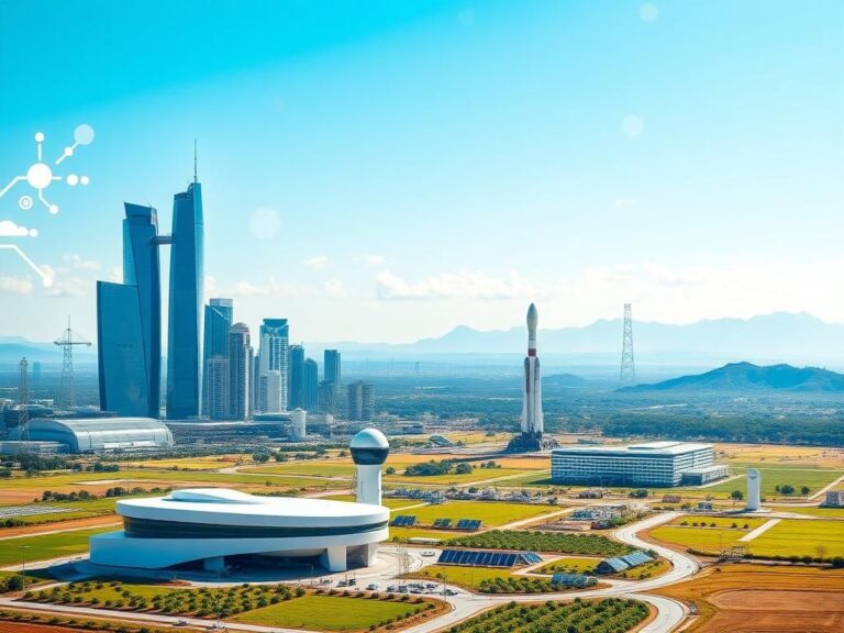 Flick International Futuristic industrial skyline with Tesla factory and SpaceX rockets