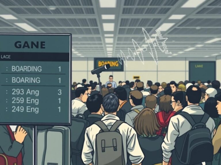 Flick International A chaotic airport boarding scene with anxious travelers and an inaudible gate agent